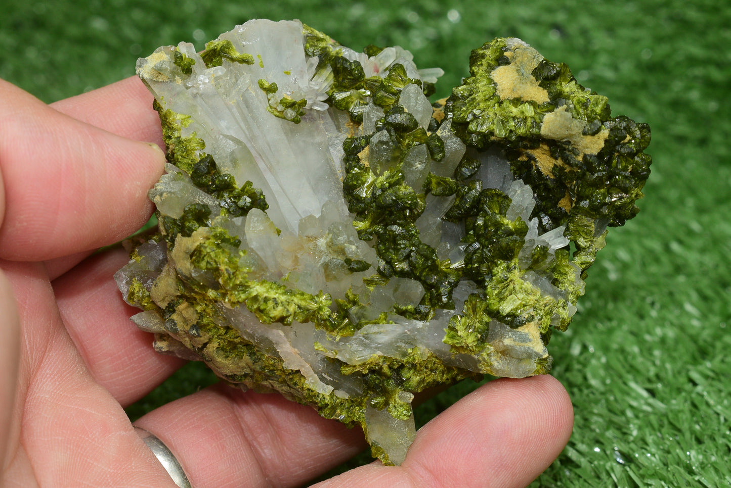 Stunning Epidote in Quartz Cluster from Imilchil, Morocco - A Unique Piece - MeteoriteNwa.com