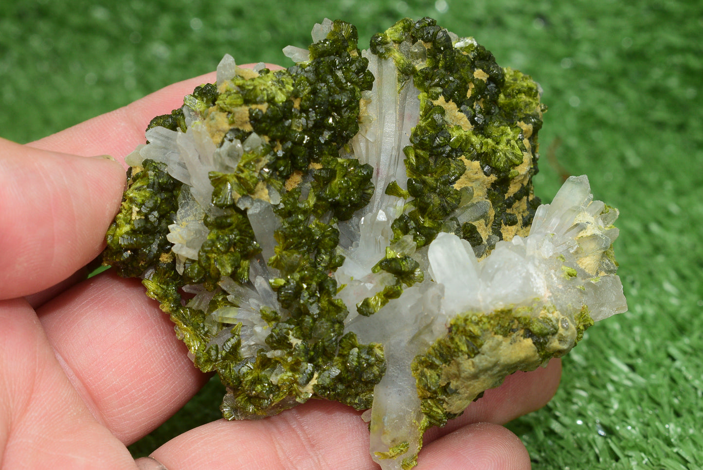Stunning Epidote in Quartz Cluster from Imilchil, Morocco - A Unique Piece - MeteoriteNwa.com