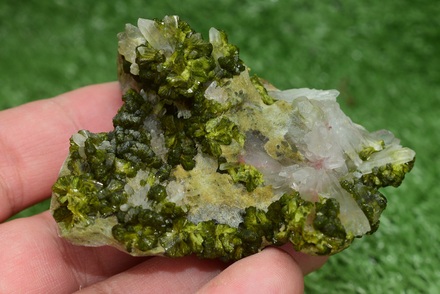 Stunning Epidote in Quartz Cluster from Imilchil, Morocco - A Unique Piece - MeteoriteNwa.com