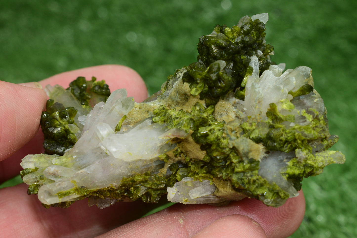 Stunning Epidote in Quartz Cluster from Imilchil, Morocco - A Unique Piece - MeteoriteNwa.com