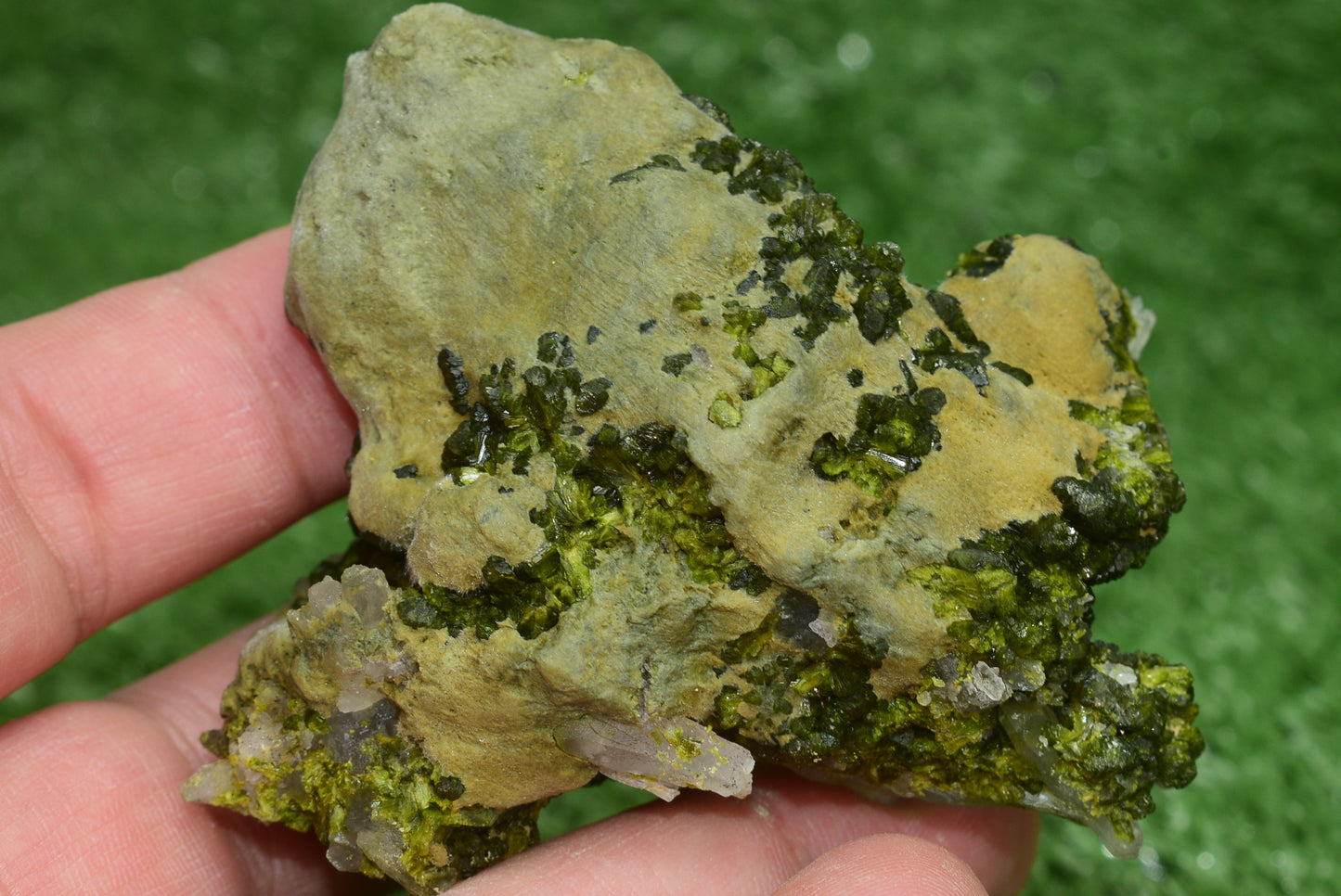 Stunning Epidote in Quartz Cluster from Imilchil, Morocco - A Unique Piece - MeteoriteNwa.com