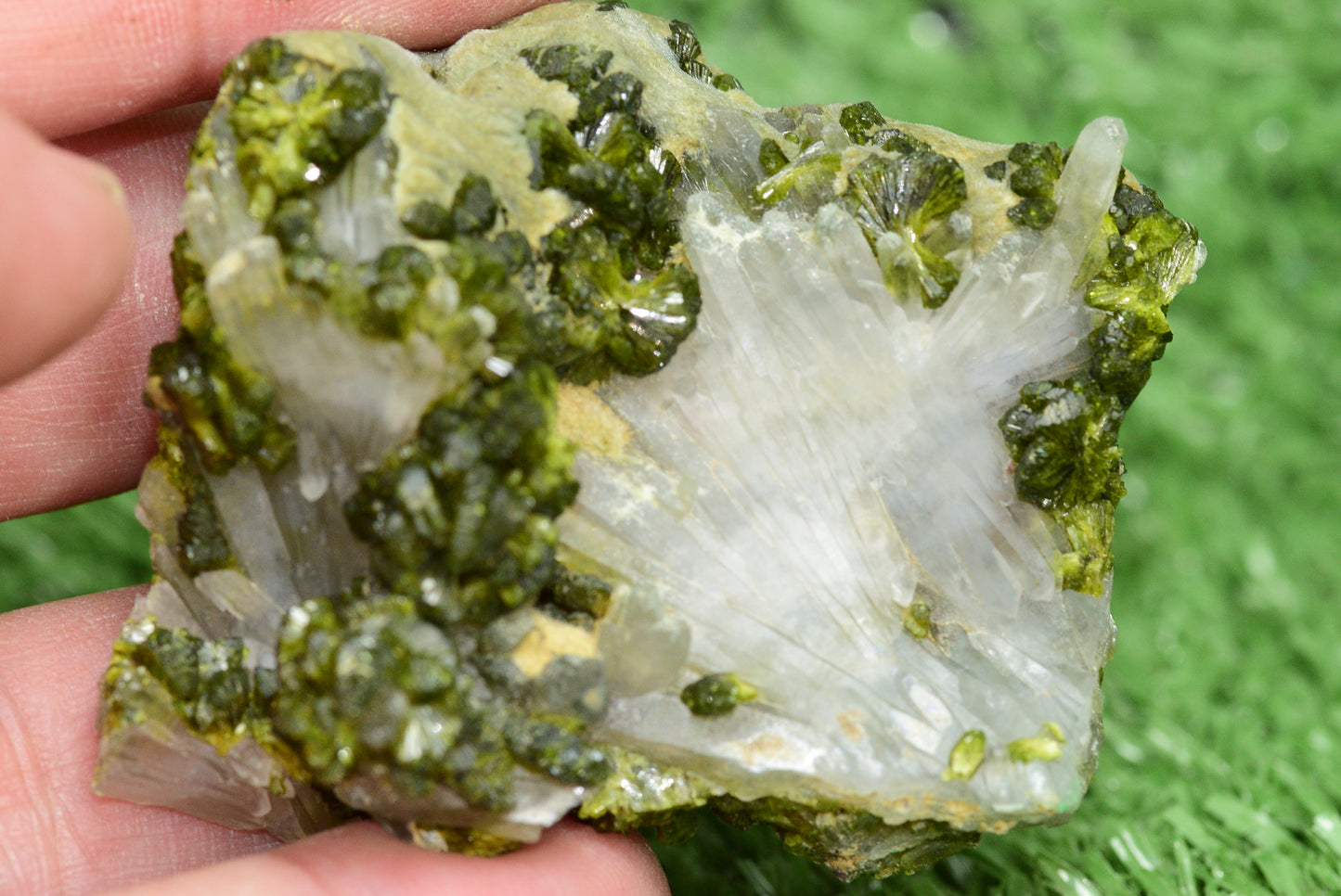 Stunning Epidote in Quartz Cluster from Imilchil, Morocco - A Unique Piece - MeteoriteNwa.com