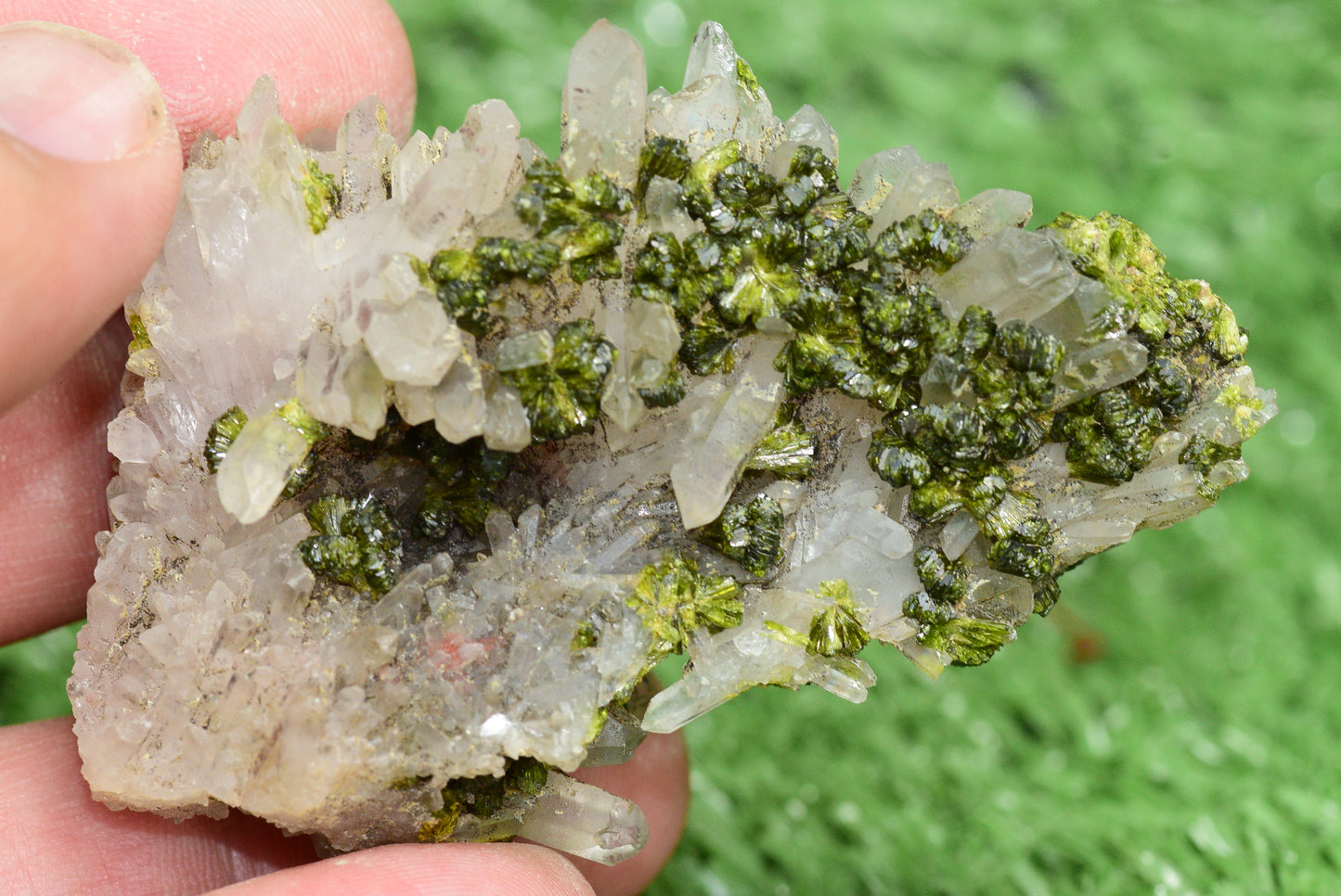 Stunning Epidote in Quartz Cluster from Imilchil, Morocco - A Unique Piece - MeteoriteNwa.com