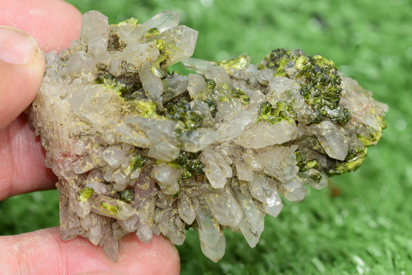 Stunning Epidote in Quartz Cluster from Imilchil, Morocco - A Unique Piece - MeteoriteNwa.com