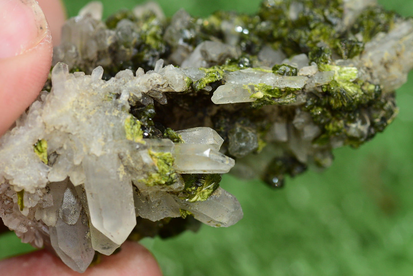 Stunning Epidote in Quartz Cluster from Imilchil, Morocco - A Unique Piece - MeteoriteNwa.com