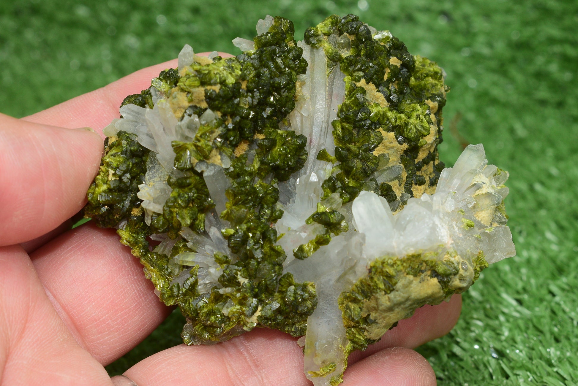 Stunning Epidote in Quartz Cluster from Imilchil, Morocco - A Unique Piece - MeteoriteNwa.com